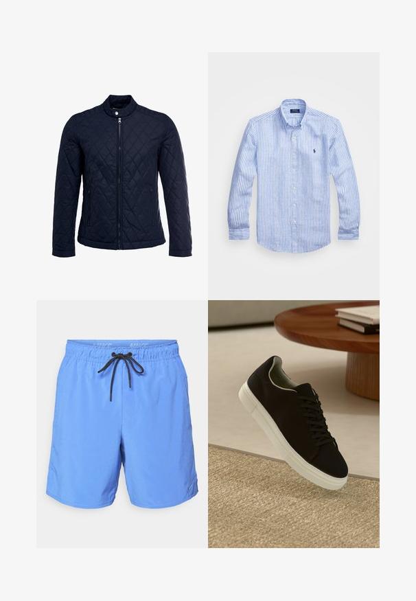 Mornarsko podloženo jakno z dvignjenim ovratnikom, polnim zadrgo in dvema stranskima žepoma. Material ima gladko teksturo s diamantnimi vzorci.; Modra in bela prugasta srajca z dolgimi rokavi iz bombaža, s kragnico na gumb, sprednjimi gumbi in majhnim izvezenim logotipom na prsih.; Modri šortsi iz lahkega materiala, z elastičnim pasom in črnim vrvico ter stranskima žepoma. Majhna logotipna poudaritev.; Črni športni copat z belim podplatom lebdi nad bež teksturiranim preprogam blizu okroglega lesenega mize z zloženimi knjigami.