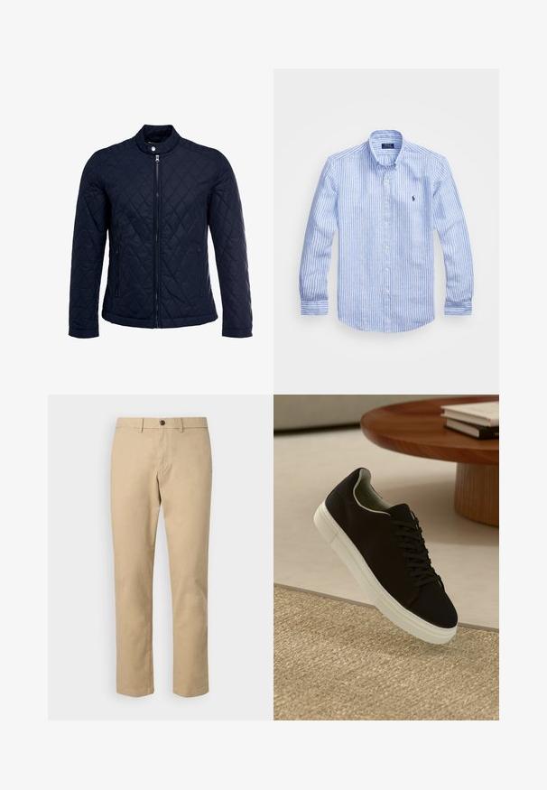 Mornarsko podloženo jakno z dvignjenim ovratnikom, polnim zadrgo in dvema stranskima žepoma. Material ima gladko teksturo s diamantnimi vzorci.; Modra in bela prugasta srajca z dolgimi rokavi iz bombaža, s kragnico na gumb, sprednjimi gumbi in majhnim izvezenim logotipom na prsih.; GAP SLIM PERFORMANCE STRETCH - Hlače chino - khaki; Črni športni copat z belim podplatom lebdi nad bež teksturiranim preprogam blizu okroglega lesenega mize z zloženimi knjigami.