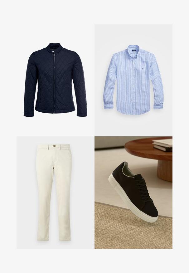 Navy quilted jacket featuring a stand-up collar, full front zip, and two side pockets. Material has a smooth texture with diamond patterns.; Blue and white striped long-sleeve shirt made of cotton, featuring a button-down collar, front buttons, and a small embroidered logo on the chest.; Beige cotton chinos with a straight-leg design, featuring a front button closure, two side pockets, and a smooth, slightly textured fabric.; Black sneaker with white sole floating above beige textured rug near round wooden table with stacked books.