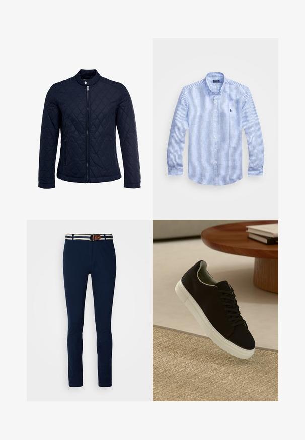 Chaqueta acolchada de color navy que cuenta con un cuello alzado, cierre frontal completo y dos bolsillos laterales. El material tiene una textura suave con patrones en forma de rombo.; Camisa de manga larga a rayas azul y blanca hecha de algodón, con cuello de botón, botones en el frente y un pequeño logo bordado en el pecho.; Pantalones azul marino de algodón con corte slim, que presentan una cinturilla a rayas en contraste y un cinturón de cuero marrón como acento.; Zapatilla negra con suela blanca flotando sobre una alfombra texturizada beige cerca de una mesa redonda de madera con libros apilados.