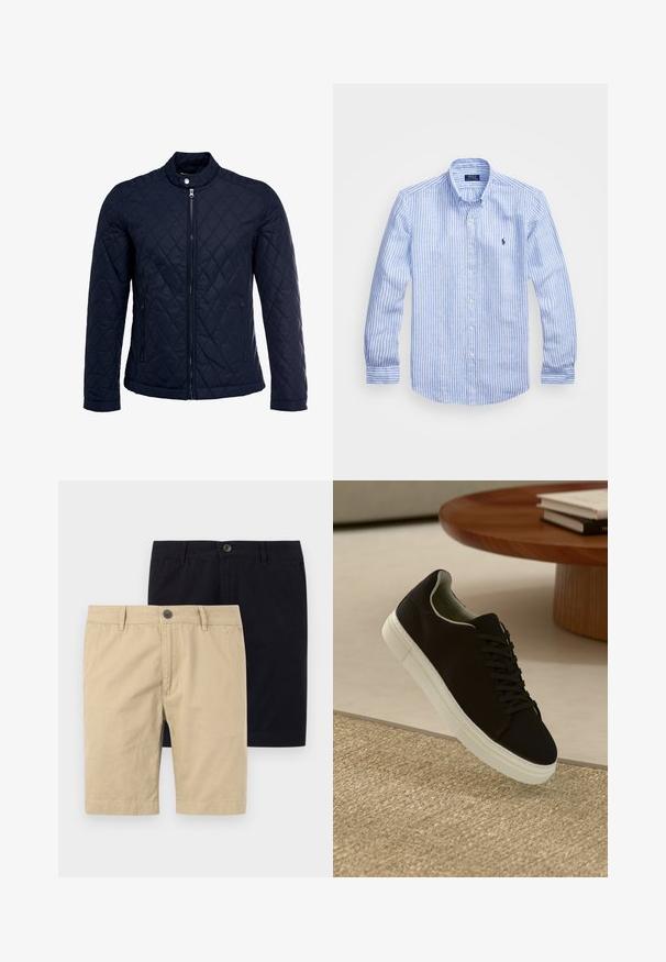 Marinefarbenes wattiertes Jackett mit Stehkragen, durchgehendem Reißverschluss und zwei seitlichen Taschen. Das Material hat eine glatte Textur mit Rautenmuster.; Blau-weißer gestreifter Langarmshirt aus Baumwolle mit einem Button-Down-Kragen, Frontknöpfen und einem kleinen gestickten Logo auf der Brust.; Zwei Shorts, eine in Khaki und eine in Schwarz, aus Baumwolle. Beide verfügen über einen Knopf, eine flache Vorderseite und haben ein knielanges Design.; Schwarze Sneakers mit weißer Sohle, die über einem beige strukturierten Teppich schweben, in der Nähe eines runden Holztisches mit gestapelten Büchern.