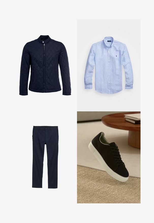 Jūras spēku krāsas nokrāsots džemperis ar izšūtu apkakli, pilnu priekšējo rāvējslēdzēju un divām sānu kabatām. Materiāls ir ar gludu faktūru, ar dimanta rakstiem.; Zila un baltā svītru garām piedurknēm krekls izgatavots no kokvilnas, ar pogājamu apkakli, priekšējām pogām un nelielu izšūtu logotipu uz krūtīm.; Jūras zila viegla auduma bikses ar gludu tekstūru, taisna kāju dizainu, pogu aizdari un sānu kabatām.; Melni sporta apavi ar baltu zoli, kas peld virs bēša tekstūrēta paklāja netālu no apaļa koka galda ar sakrautiem grāmatām.