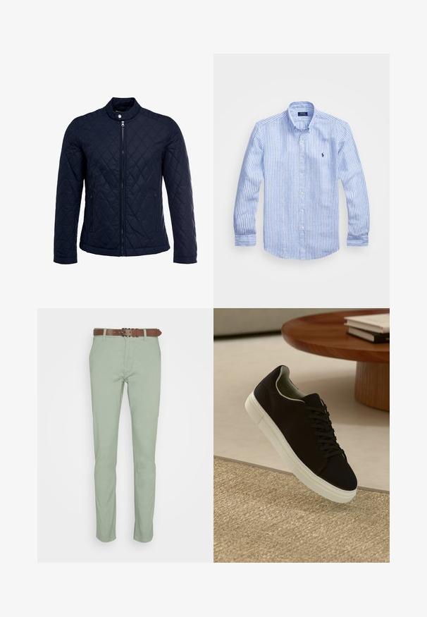 Navy quilted jacket featuring a stand-up collar, full front zip, and two side pockets. Material has a smooth texture with diamond patterns.; Blue and white striped long-sleeve shirt made of cotton, featuring a button-down collar, front buttons, and a small embroidered logo on the chest.; Light green trousers made of cotton, featuring a straight-leg design, front pockets, and a brown belt. Smooth texture with no patterns.; Black sneaker with white sole floating above beige textured rug near round wooden table with stacked books.