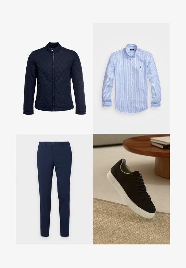 Tengerész kék steppelt dzseki, állógallérral, teljes előlapi cipzárral és két oldalsó zsebbel. Az anyag sima textúrájú, gyémánt mintázattal.; Kék és fehér csíkos, hosszú ujjú pamut ing, gombos gallérral, elől gombokkal és egy kis hímzett logóval a mellkason.; Tengerészeti kék egyenes szárú szövetnadrág, sima anyagból készült. Elöl gombos záródás és két oldalzseb található rajta.; Fekete sneakers fehér talppal lebeg egy bézs textúrájú szőnyeg felett, egy kerek fából készült asztal közelében, rajta egymásra pakolt könyvekkel.