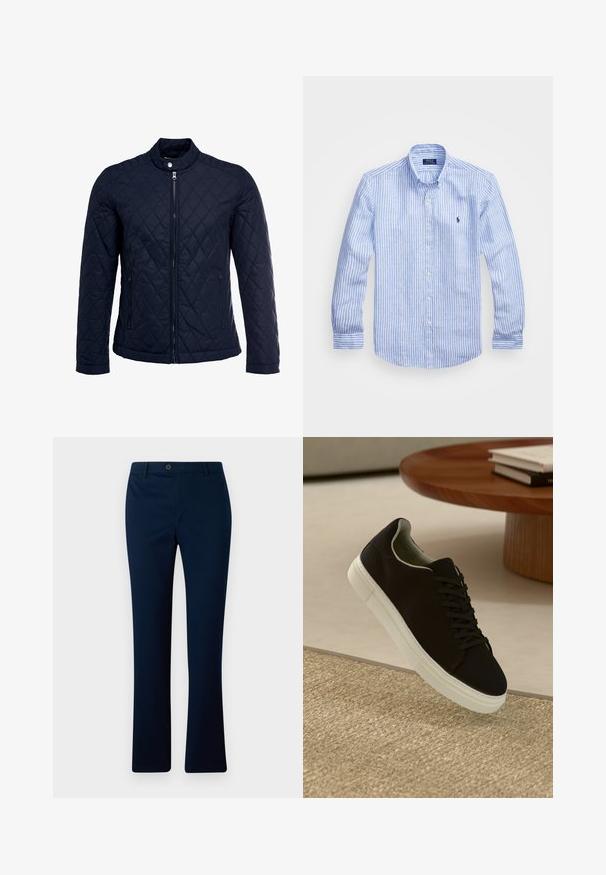 Marineblå quiltet jakke med ståkrave, fuld lynlås foran og to sidelommer. Materialet har en glat tekstur med diamantmønstre.; Blå og hvid stribet langærmet skjorte lavet af bomuld, med knap-ned krave, frontknapper og et lille broderet logo på brystet.; Marineblå bukser med lige pasform, med en enkelt knaplukning foran og bæltestropper, lavet af et glat vævet stof.; Sort sneaker med hvid sål svævende over en beige tekstureret tæppe nær et rundt trætabel med stablede bøger.