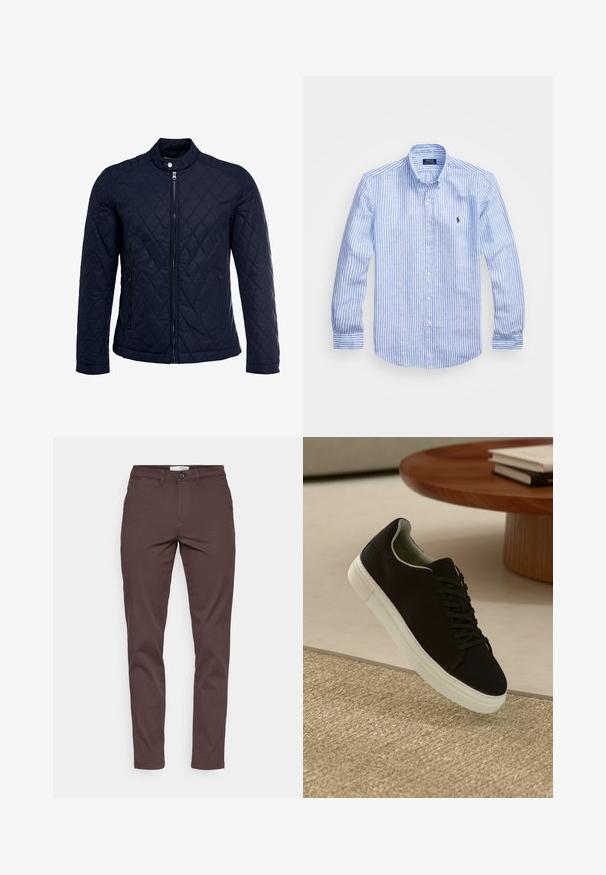 Mornarska jakna od ripsa s uzastopnim ovratnikom, punim prednjim zatvaračem i dva bočna džepa. Materijal ima glatku teksturu s dijamantnim uzorcima.; Plava i bijela prugasta košulja dugih rukava od pamuka, s ovratnikom na dugmad, prednjim dugmadi i malim izvezenim logom na prsima.; Smešani pamukovi chinos hlače smeđe boje s ravnim nogavicama, prednjim džepovima, zatvaranjem na gumb i urednim završetkom na rubu.; Crna tenisica s bijelim potplatom koja lebdi iznad bež teksturiranog tepiha pored okruglog drvenog stola sa složenim knjigama.