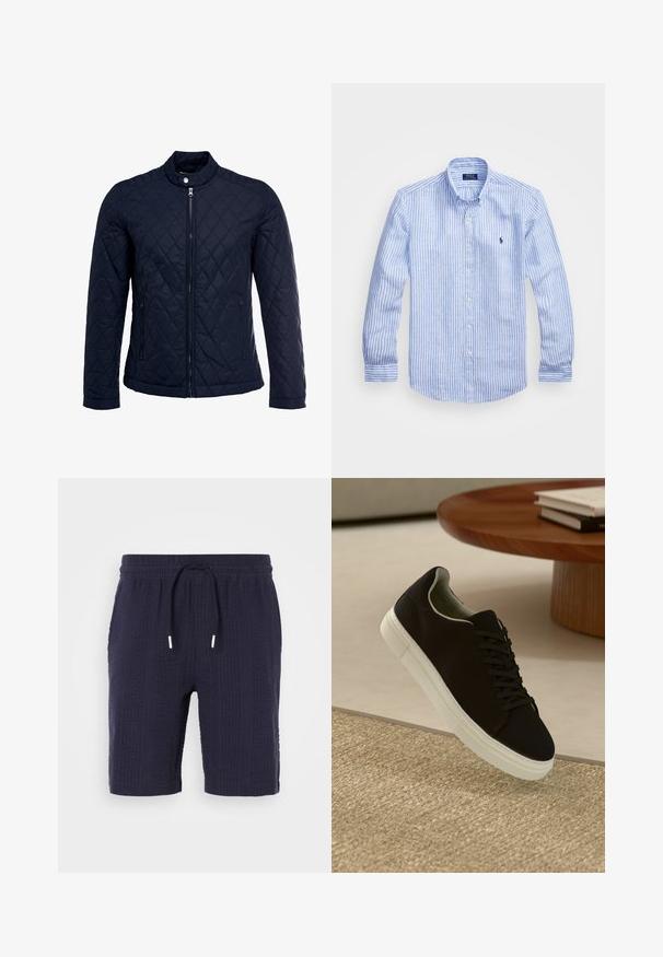 Marineblå quiltet jakke med ståkrave, fuld lynlås foran og to sidelommer. Materialet har en glat tekstur med diamantmønstre.; Blå og hvid stribet langærmet skjorte lavet af bomuld, med knap-ned krave, frontknapper og et lille broderet logo på brystet.; Marineblå shorts med et tekstureret mønster, elastisk talje og snøre lukning. Har en afslappet pasform og længde over knæene.; Sort sneaker med hvid sål svævende over en beige tekstureret tæppe nær et rundt trætabel med stablede bøger.