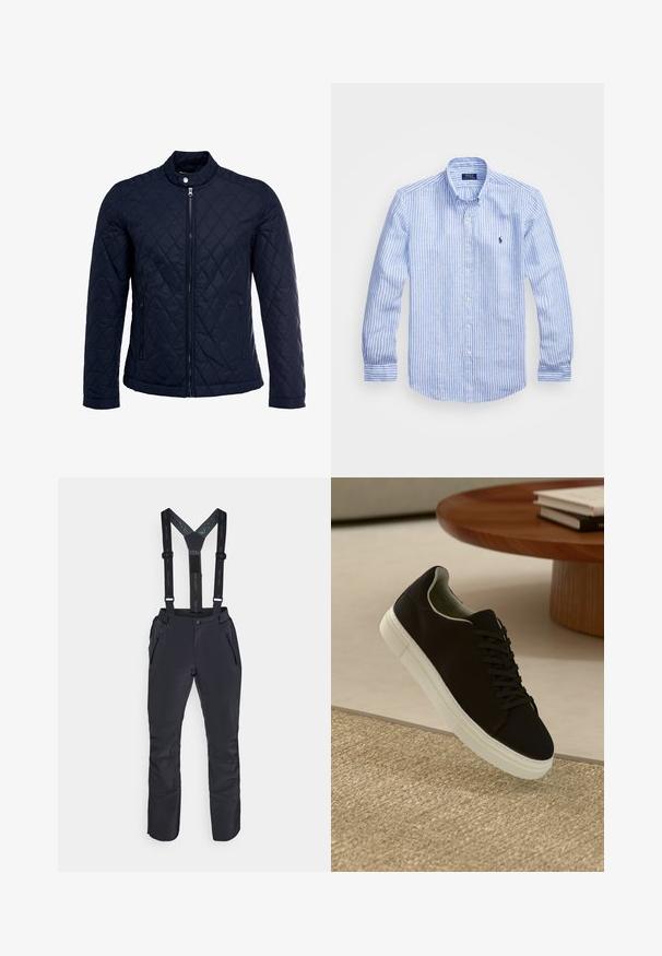 Jūras spēku krāsas nokrāsots džemperis ar izšūtu apkakli, pilnu priekšējo rāvējslēdzēju un divām sānu kabatām. Materiāls ir ar gludu faktūru, ar dimanta rakstiem.; Zila un baltā svītru garām piedurknēm krekls izgatavots no kokvilnas, ar pogājamu apkakli, priekšējām pogām un nelielu izšūtu logotipu uz krūtīm.; Melnas ūdensizturīgas bikses ar regulējamiem piekarejiem, ar rāvējslēdzēja kabatām un pastiprinātiem apakšējiem galiem, nodrošinot izturību un funkcionalitāti.; Melni sporta apavi ar baltu zoli, kas peld virs bēša tekstūrēta paklāja netālu no apaļa koka galda ar sakrautiem grāmatām.