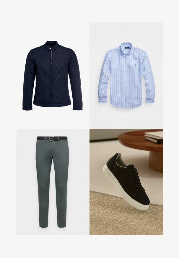 Casaco acolchoado azul-marinho com gola elevada, fecho de correr à frente e dois bolsos laterais. O material tem uma textura suave com padrões de diamante.; Camisa de manga longa azul e branca com riscas, feita de algodão, apresentando um colarinho abotoado, botões frontais e um pequeno logotipo bordado no peito.; Calças de algodão verdes com um corte slim, apresentando um cinto preto e um design padrão de cinco bolsos. Textura suave, detalhes de costura mínimos.; Sneaker preto com sola branca flutuando acima de um tapete texturizado bege, perto de uma mesa redonda de madeira com livros empilhados.