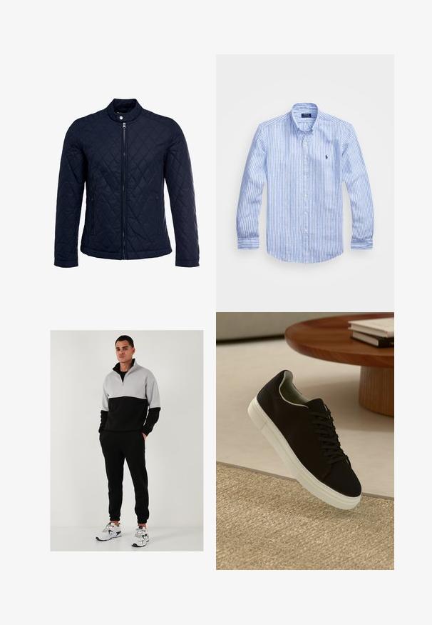 Mornarsko podloženo jakno z dvignjenim ovratnikom, polnim zadrgo in dvema stranskima žepoma. Material ima gladko teksturo s diamantnimi vzorci.; Modra in bela prugasta srajca z dolgimi rokavi iz bombaža, s kragnico na gumb, sprednjimi gumbi in majhnim izvezenim logotipom na prsih.; Črna in siva zip-sweatshirt z visokim ovratnikom, v kombinaciji s črnimi športnimi hlačami in belimi športnimi čevlji. Gladka tekstura, sproščen kroj.; Črni športni copat z belim podplatom lebdi nad bež teksturiranim preprogam blizu okroglega lesenega mize z zloženimi knjigami.