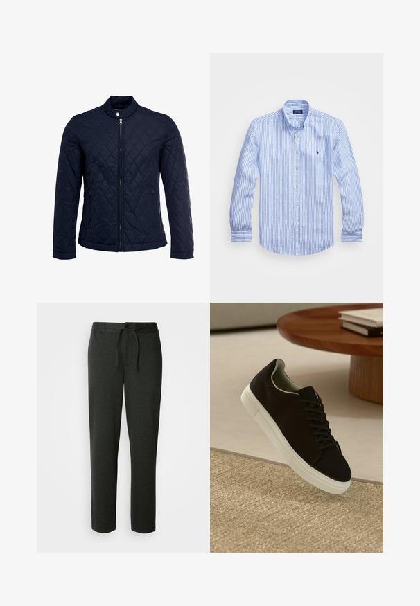 Jūras spēku krāsas nokrāsots džemperis ar izšūtu apkakli, pilnu priekšējo rāvējslēdzēju un divām sānu kabatām. Materiāls ir ar gludu faktūru, ar dimanta rakstiem.; Zila un baltā svītru garām piedurknēm krekls izgatavots no kokvilnas, ar pogājamu apkakli, priekšējām pogām un nelielu izšūtu logotipu uz krūtīm.; Tumši pelēki treniņbikses, kas izgatavotas no mīksta kokvilnas maisījuma. Iekļauj elastīgu jostasvietu ar aukliņu un sānu kabatām. Taisna kāju dizains.; Melni sporta apavi ar baltu zoli, kas peld virs bēša tekstūrēta paklāja netālu no apaļa koka galda ar sakrautiem grāmatām.