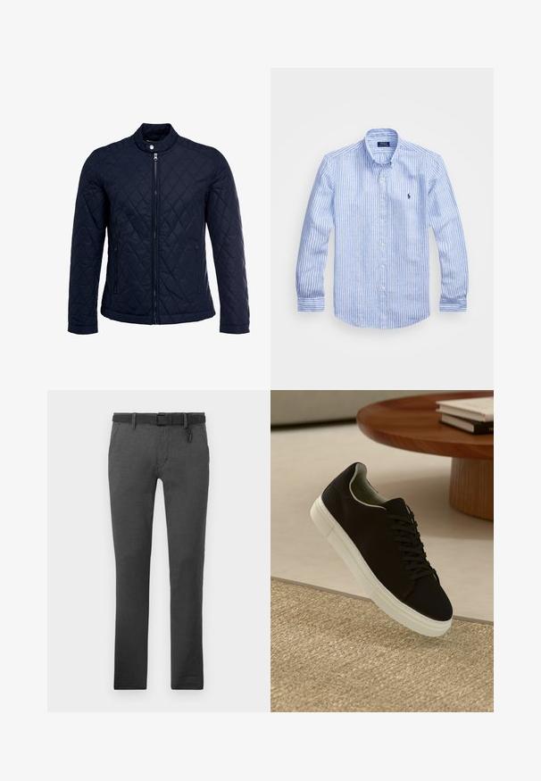 Navy quilted jacket featuring a stand-up collar, full front zip, and two side pockets. Material has a smooth texture with diamond patterns.; Blue and white striped long-sleeve shirt made of cotton, featuring a button-down collar, front buttons, and a small embroidered logo on the chest.; Dark gray pants made of textured fabric, featuring a black belt, belt loops, and two side pockets. Straight leg design, no visible patterns.; Black sneaker with white sole floating above beige textured rug near round wooden table with stacked books.