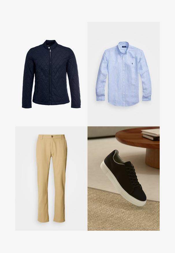 Veste matelassée bleu marine avec col montant, fermeture éclair sur le devant et deux poches latérales. Le matériau a une texture lisse avec des motifs en losange.; Chemise à rayures bleues et blanches à manches longues en coton, dotée d'un col boutonné, de boutons sur le devant et d'un petit logo brodé sur la poitrine.; Pantalon beige avec une coupe droite, fermeture à bouton et texture de tissu subtile. Aucun motif ni matériel supplémentaire visible.; Baskets noires avec semelle blanche flottant au-dessus d'un tapis texturé beige, près d'une table en bois ronde avec des livres empilés.