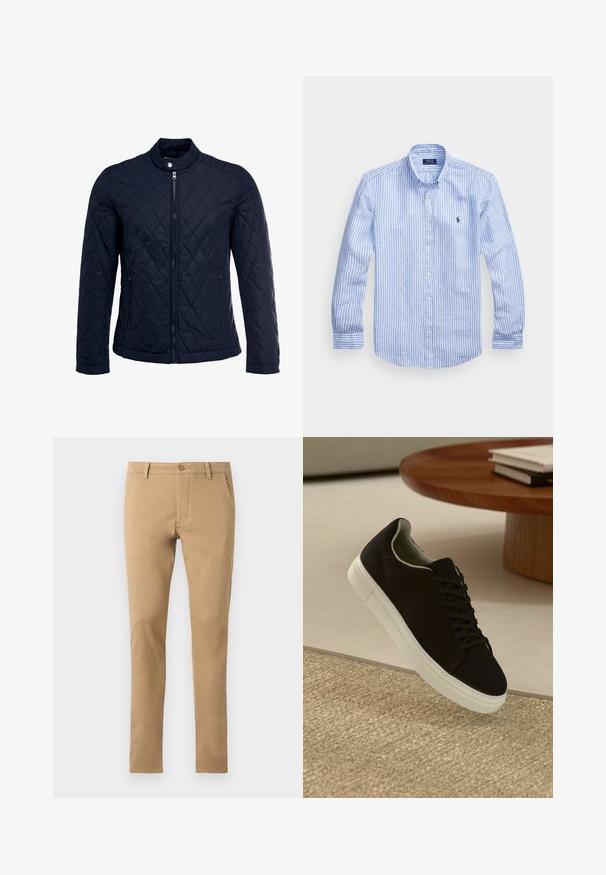 Mornarska jakna od ripsa s uzastopnim ovratnikom, punim prednjim zatvaračem i dva bočna džepa. Materijal ima glatku teksturu s dijamantnim uzorcima.; Plava i bijela prugasta košulja dugih rukava od pamuka, s ovratnikom na dugmad, prednjim dugmadi i malim izvezenim logom na prsima.; Slim-fit bež chinos hlače s gumbom za zatvaranje, prednjim džepovima i glatkom teksturom. Jednostavan dizajn, sužene nogavice i čista obruba.; Crna tenisica s bijelim potplatom koja lebdi iznad bež teksturiranog tepiha pored okruglog drvenog stola sa složenim knjigama.