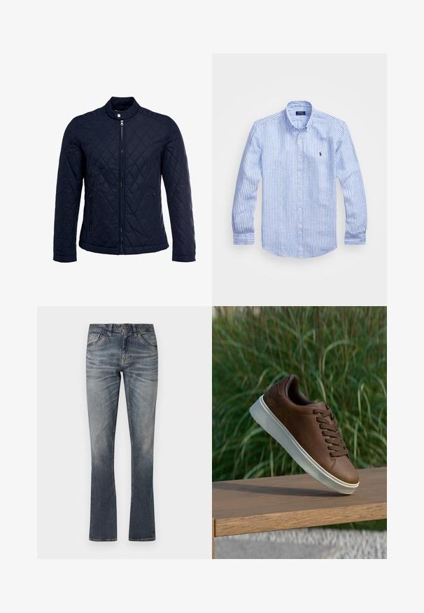 Námorníkovo prešívané sako s vysokým golierom, plným predným zipsom a dvoma bočnými vreckami. Materiál má hladkú textúru s diamantom vzorom.; Modrá a biela prúžkovaná košeľa s dlhými rukávmi vyrobená z bavlny, vybavená golierom na gombíky, prednými gombíkmi a malým vyšitým logom na hrudi.; Džínsy z denimu, svetlomodrý odtieň, mierne vyblednutie, rovný strih, päť vreciek, kovové akcenty a prešitie detaily.; Hnedé kožené tenisky s bielou gumovou podrážkou, zaoblenou špičkou a hnedými šnúrkami. Textúrovaný grip na podrážke a hladký povrch na vrchnej časti.