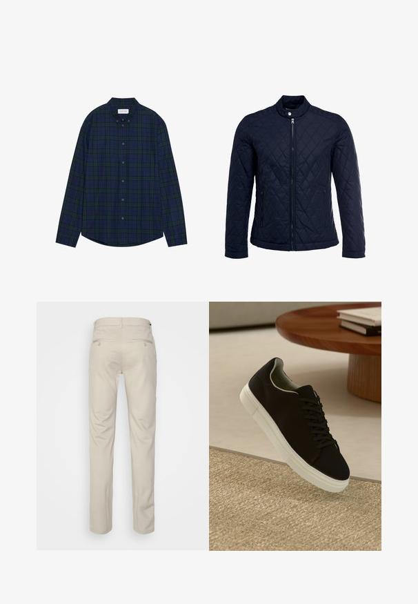 Jūras spēku krāsas nokrāsots džemperis ar izšūtu apkakli, pilnu priekšējo rāvējslēdzēju un divām sānu kabatām. Materiāls ir ar gludu faktūru, ar dimanta rakstiem.; Jūras zila un zaļa raibs pogājams krekls ar noapaļotu apakšmalu, garām piedurknēm un apkakli. Iekļauj divpadsmit pogu aizdari. Mīksta auduma tekstūra.; Bežīgas bikses ar gludu tekstūru, taisnas kājas, divas aizmugurējās kabatas ar pogām un standarta jostas vietu.; Melni sporta apavi ar baltu zoli, kas peld virs bēša tekstūrēta paklāja netālu no apaļa koka galda ar sakrautiem grāmatām.