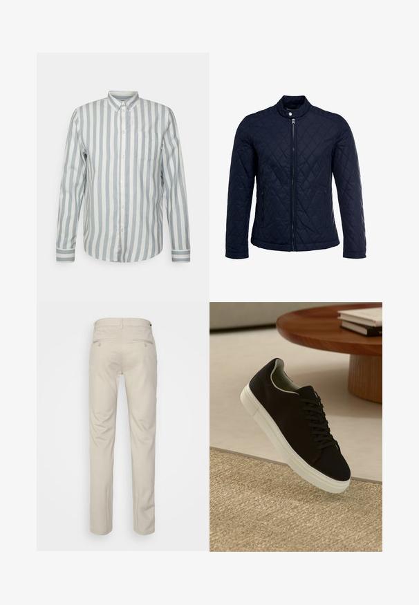 Marineblå quiltet jakke med ståkrave, fuld lynlås foran og to sidelommer. Materialet har en glat tekstur med diamantmønstre.; Knapp-up skjorte i lyseblå og off-white striber. Har en klassisk krave, lange ærmer og en brystlomme. Blødt stof, afslappet pasform.; Beige bukser med en glat overflade, lige snit, to baglommer med knapper og en standard talje.; Sort sneaker med hvid sål svævende over en beige tekstureret tæppe nær et rundt trætabel med stablede bøger.