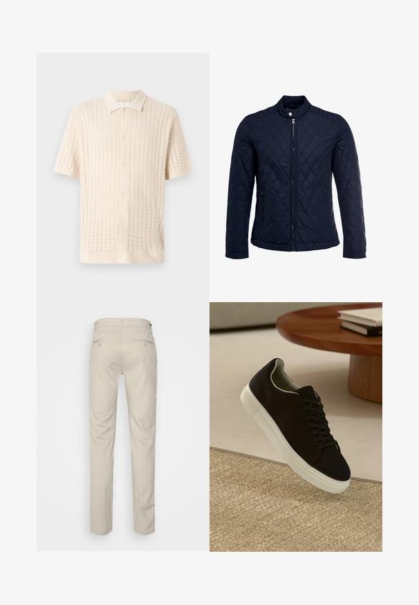 Námorníkovo prešívané sako s vysokým golierom, plným predným zipsom a dvoma bočnými vreckami. Materiál má hladkú textúru s diamantom vzorom.; Košela s krátkym rukávom v svetlej krémovej farbe, s textúrovaným pleteným vzorom, s golierom a piatimi gombíkmi na prednej strane.; Béžové nohavice s hladkou textúrou, rovný strih, dve zadné vrecká s gombíkmi a štandardný pás.; Čierna teniska s bielou podrážkou plávajúca nad béžovým textúrovaným kobercom pri okrúhlom drevenom stole s hromadou kníh.