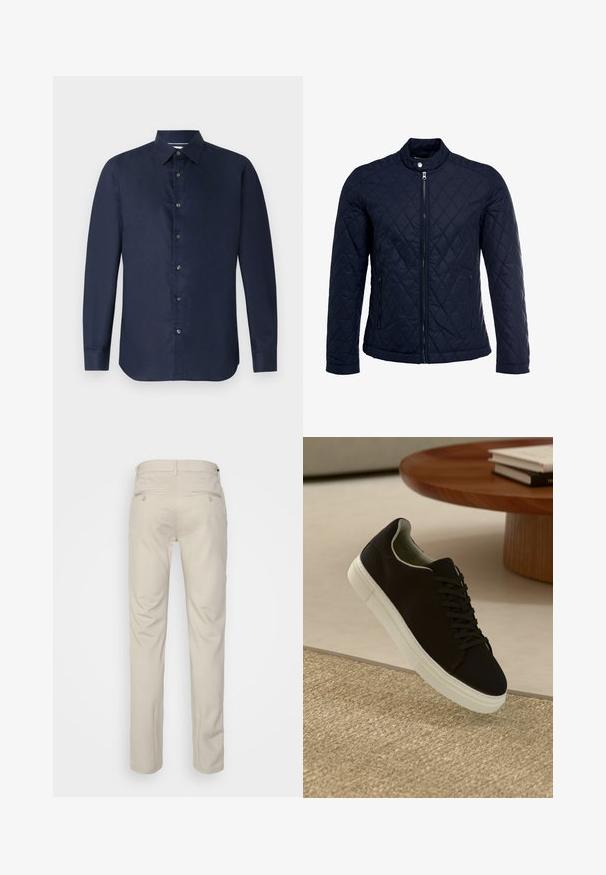 Tamsiai mėlynas užsegamas dubliažinis švarkas su stovinčiu apykakliu, visiškai užtraukiamas priekyje, ir dviem šoninėmis kišenėmis. Medžiaga turi lygią tekstūrą su deimantiniais raštais.; Tamsiai mėlynas ilgomis rankovėmis marškinis su mygtukų apykakle, lygia tekstūra ir priekine mygtukų juostele; turi pritaikytą siluetą ir apvalų apačią.; Bežinės kelnės su lygia tekstūra, tiesiu pjūviu, dviem užpakalinėmis kišenėmis su sagomis ir standartine juosmena.; Juodas sportinis batelis su baltu padu, lekiančius virš smėlio spalvos tekstūruoto kilimo šalia apvalaus medinio stalo su sukrautomis knygomis.