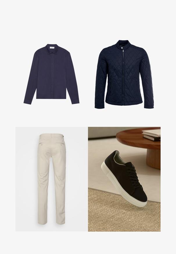 Jūras spēku krāsas nokrāsots džemperis ar izšūtu apkakli, pilnu priekšējo rāvējslēdzēju un divām sānu kabatām. Materiāls ir ar gludu faktūru, ar dimanta rakstiem.; Jūras zilas krāsas garām piedurknēm krekls, kas izgatavots no gludas auduma, ar pogu aizdari priekšā, norakstītām apkaklēm un nedaudz brīvāku piegriezumu.; Bežīgas bikses ar gludu tekstūru, taisnas kājas, divas aizmugurējās kabatas ar pogām un standarta jostas vietu.; Melni sporta apavi ar baltu zoli, kas peld virs bēša tekstūrēta paklāja netālu no apaļa koka galda ar sakrautiem grāmatām.