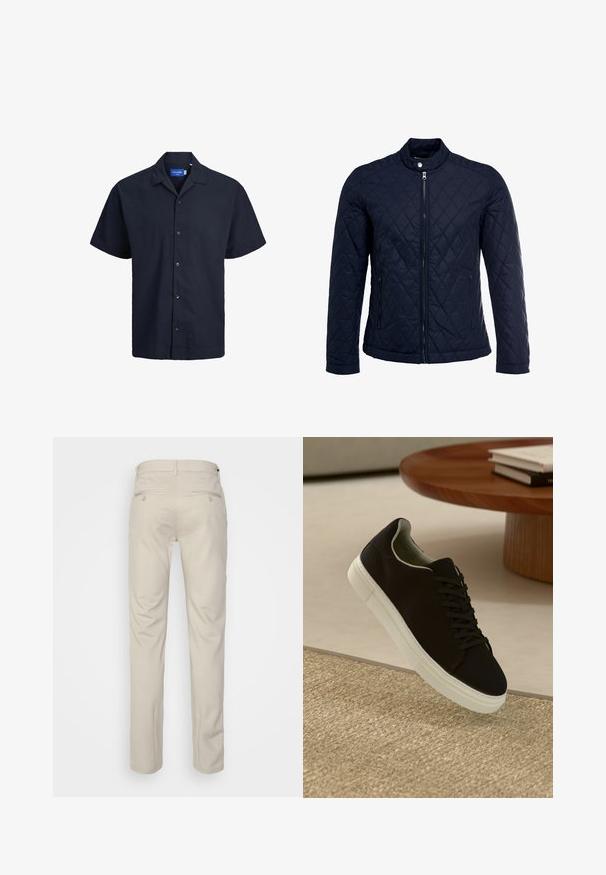 Merihenkinen tikattu takki, jossa on noususauma, täysin edessä vetoketju ja kaksi sivutaskua. Materiaali on sileäpintainen ja siinä on timanttikuvioita.; Jack & Jones Vapaa-ajan kauluspaita - sky captain; Beige housut, joissa on sileä pinta, suora leikkaus, kaksi nappikiinnitteistä takataskua ja normaali vyötärö.; Musta lenkkari, jossa on valkoinen pohja, kelluu vaaleanbeige texturoituneen maton yllä pyöreän puupöydän vieressä, jonka päällä on pinottu kirjoja.