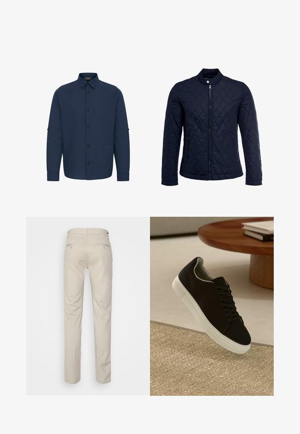 Granatowa pikowana kurtka z stojącym kołnierzem, pełnym zamkiem błyskawicznym i dwoma bocznymi kieszeniami. Materiał ma gładką teksturę z diamentowym wzorem.; Granatowa koszula z długim rękawem, z kołnierzykiem zapinanym na guziki, guzikami z przodu oraz z możliwością podwijania rękawów. Wykonana z fakturowanej tkaniny.; Beżowe spodnie o gładkiej fakturze, prostym kroju, z dwiema tylnymi kieszeniami z guzikami i standardowym pasem.; Czarny sneaker z białą podeszwą unoszący się nad beżowym, teksturowanym dywanem w pobliżu okrągłego drewnianego stołu z poukładanymi książkami.