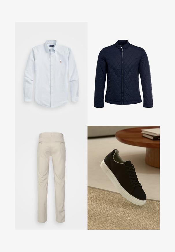 Marineblå quiltet jakke med stått krage, hel frontglidelås og to sidelommer. Materialet har en glatt tekstur med diamantmønster.; Lys blåstripet skjorte med lange ermer, krage og en liten rød brodert logo på brystet. Bomullsstoff.; Beige bukser med en glat tekstur, lige snit, to baglommer med knapper og en standard talje.; Svart sneakers med hvit såle som svever over en beige teksturert teppe nær et rundt trebord med stablede bøker.