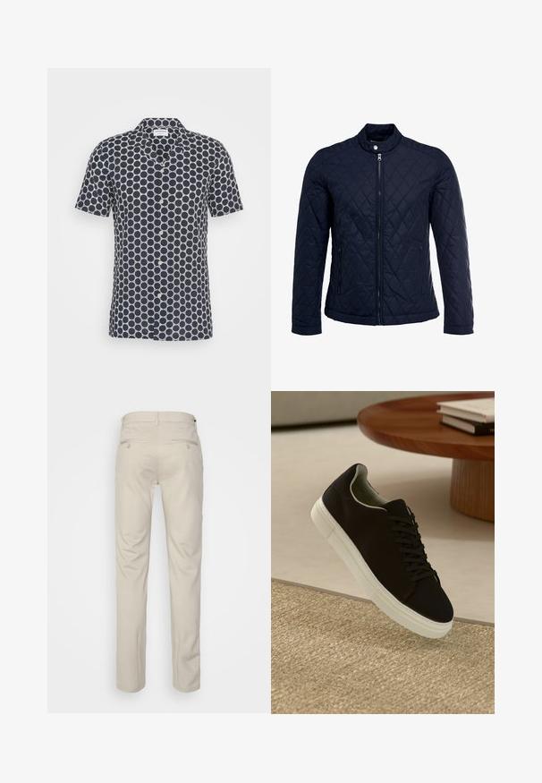Mörkblå vadderad jacka med ståkrage, fullständig dragkedja framtill och två sidofickor. Tyget har en slät yta med diamantmönster.; Marinblå kortärmad skjorta med ett cirkulärt mönster i vitt, knäppning fram och mjuk tygtextur.; Beige byxor med en slät textur, rak passform, två bakfickor med knappar och standard midja.; Svart sneakers med vit sula svävande över en beige texturerad matta nära ett runt träbord med staplade böcker.