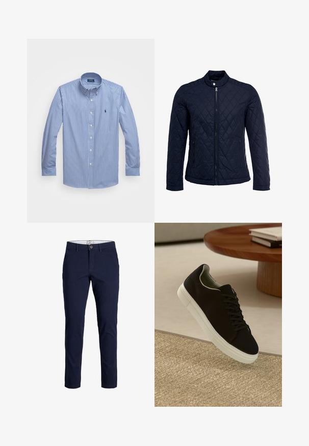 Tengerész kék steppelt dzseki, állógallérral, teljes előlapi cipzárral és két oldalsó zsebbel. Az anyag sima textúrájú, gyémánt mintázattal.; Kék és fehér csíkos, hosszú ujjú ing, gombos gallérral, fehér gombokkal és egy kis logóval a bal mellen. Sima szövettextúra.; Sötétkék pamut chino nadrág, sima textúrával, egyenes lábformával és egy elülső gombos záródással. Övhurkokkal és oldalsó zsebekkel rendelkezik.; Fekete sneakers fehér talppal lebeg egy bézs textúrájú szőnyeg felett, egy kerek fából készült asztal közelében, rajta egymásra pakolt könyvekkel.