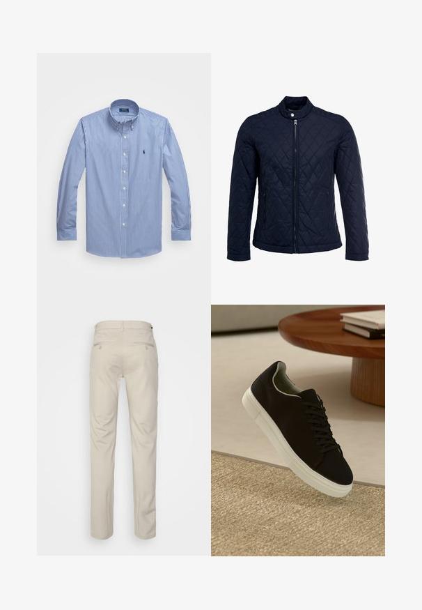Casaco acolchoado azul-marinho com gola elevada, fecho de correr à frente e dois bolsos laterais. O material tem uma textura suave com padrões de diamante.; Camisa de manga longa azul e branca com riscas, apresentando um colarinho abotoado, botões brancos e um pequeno logótipo no peito esquerdo. Textura de tecido suave.; Calças bege com uma textura suave, corte reto, dois bolsos traseiros com botões e uma cintura padrão.; Sneaker preto com sola branca flutuando acima de um tapete texturizado bege, perto de uma mesa redonda de madeira com livros empilhados.