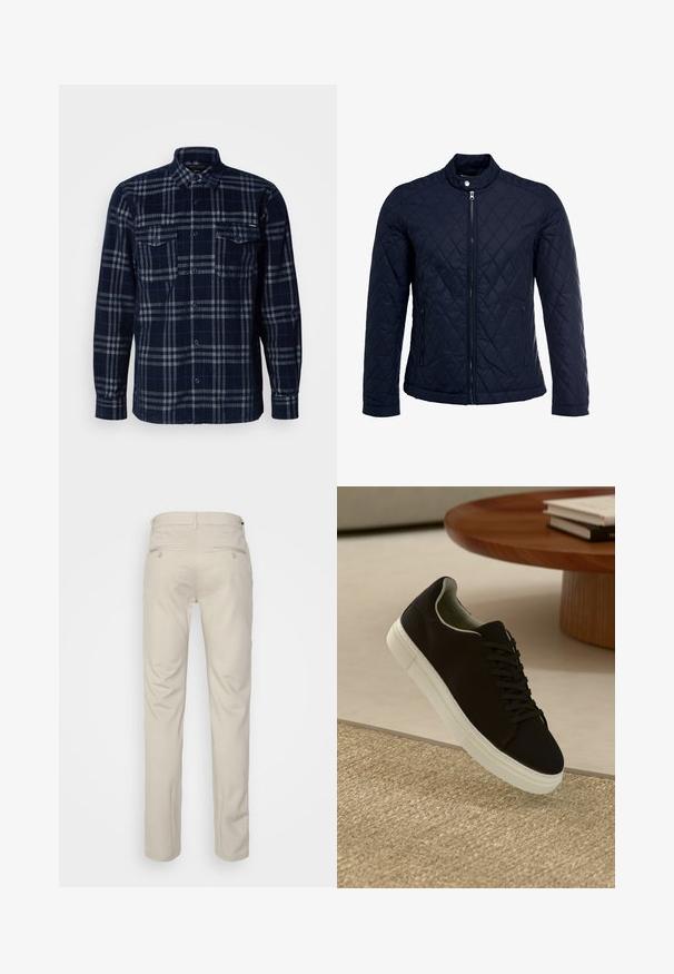 Námořnická prošívaná bunda s vysokým límcem, plným zipem a dvěma bočními kapsami. Materiál má hladkou texturu s diamantovým vzorem.; Námořnická modrá košile na knoflíky s šedým károvaným vzorem, dvěma náprsními kapsami s klopami na knoflíky a ohnutým límcem.; Beige kalhoty se hladkým povrchem, rovný střih, dvě zadní kapsy s knoflíky a standardní pas.; Černé tenisky s bílou podrážkou plující nad béžovým texturovaným kobercem poblíž kulatého dřevěného stolu se stohovanými knihami.