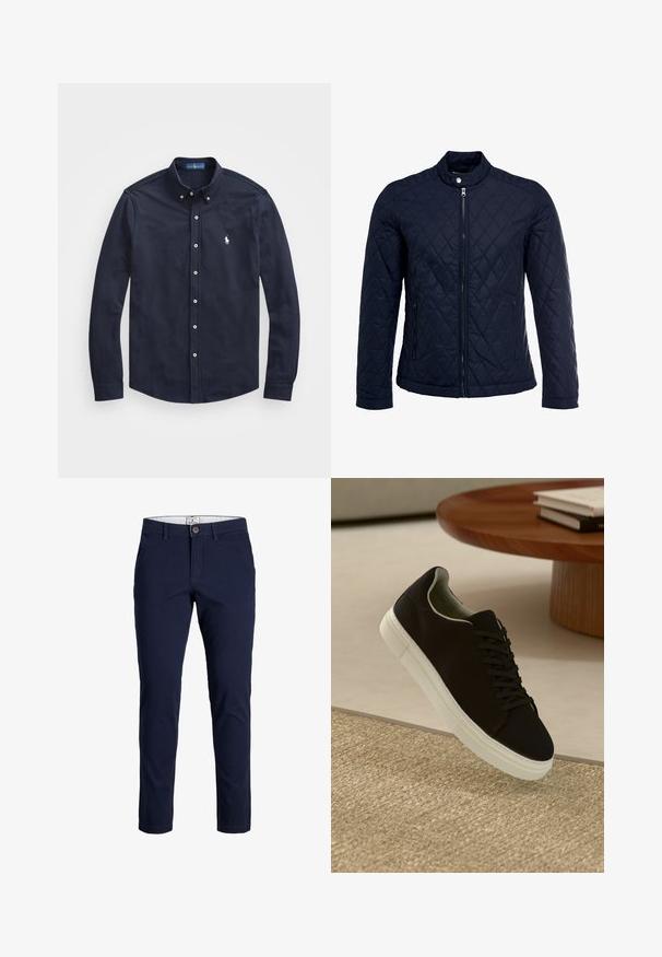 Jachetă matlasată de culoare bleumarin, cu guler în picioare, fermoar pe întreaga lungime și două buzunare laterale. Materialul are o textură netedă, cu modele în diamant.; Cămașă lungă cu mâneci, de culoare bleumarin, cu guler, nasturi pe față și un mic logo alb pe pieptul stâng, confecționată dintr-un material de bumbac moale.; Chino din bumbac de culoare bleu marin, cu o textură netedă, design cu picior drept și închidere frontală cu un singur buton. Dispune de bucle pentru curea și buzunare laterale.; Pantof din material textil negru, cu talpă albă, plutind deasupra unui covor texturat bej, lângă o masă rotundă din lemn cu cărți stivuite.