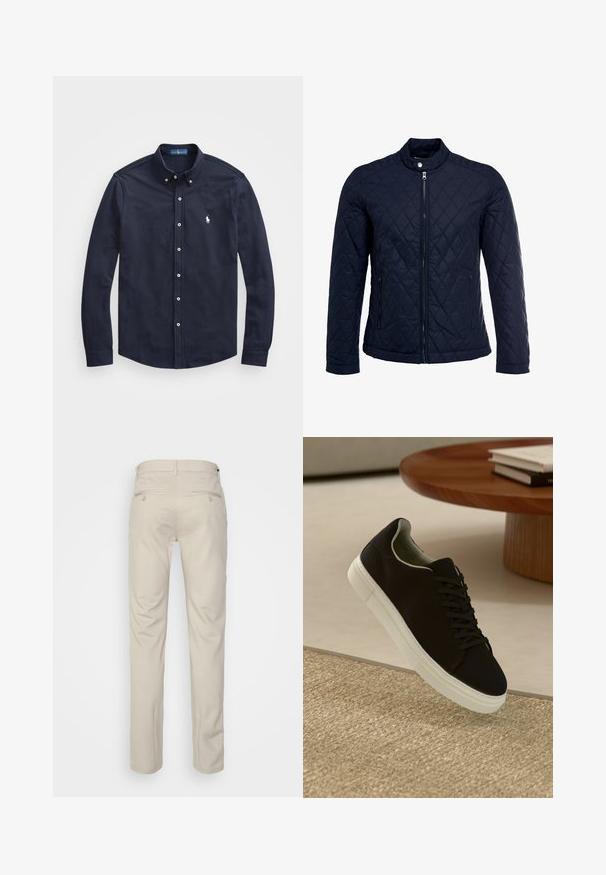 Marineblå quiltet jakke med stått krage, hel frontglidelås og to sidelommer. Materialet har en glatt tekstur med diamantmønster.; Marineblå langermet skjorte med krage, frontknapper og en liten hvit logo på venstre bryst, laget av myk bomull.; Beige bukser med en glat tekstur, lige snit, to baglommer med knapper og en standard talje.; Svart sneakers med hvit såle som svever over en beige teksturert teppe nær et rundt trebord med stablede bøker.
