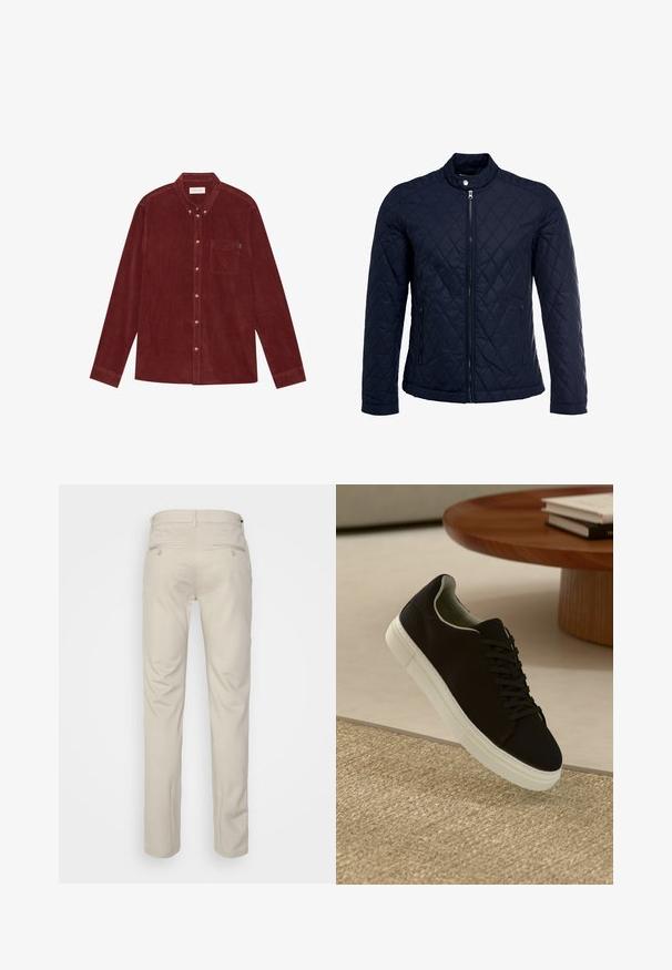 Veste matelassée bleu marine avec col montant, fermeture éclair sur le devant et deux poches latérales. Le matériau a une texture lisse avec des motifs en losange.; Chemise en velours côtelé rouge avec un col boutonné, des manches longues, une poche avant et des boutons dorés. Tissu texturé.; Pantalon beige avec une texture lisse, coupe droite, deux poches arrière avec boutons, et une taille standard.; Baskets noires avec semelle blanche flottant au-dessus d'un tapis texturé beige, près d'une table en bois ronde avec des livres empilés.