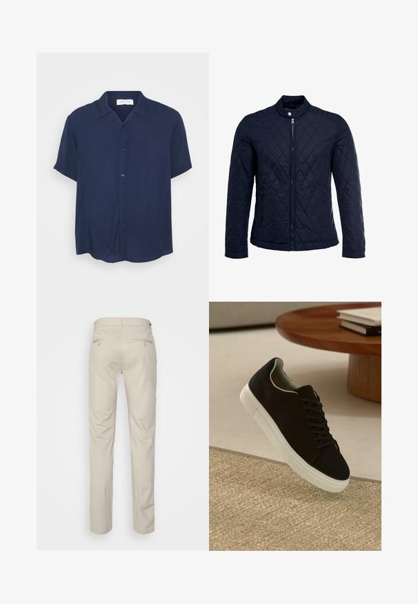 Chaqueta acolchada de color navy que cuenta con un cuello alzado, cierre frontal completo y dos bolsillos laterales. El material tiene una textura suave con patrones en forma de rombo.; Camisa de manga corta en color navy, confeccionada en tejido suave, con cierre de botones en la parte frontal, cuello y un dobladillo curvado.; Pantalones beiges con una textura suave, corte recto, dos bolsillos traseros con botones y una cinturilla estándar.; Zapatilla negra con suela blanca flotando sobre una alfombra texturizada beige cerca de una mesa redonda de madera con libros apilados.