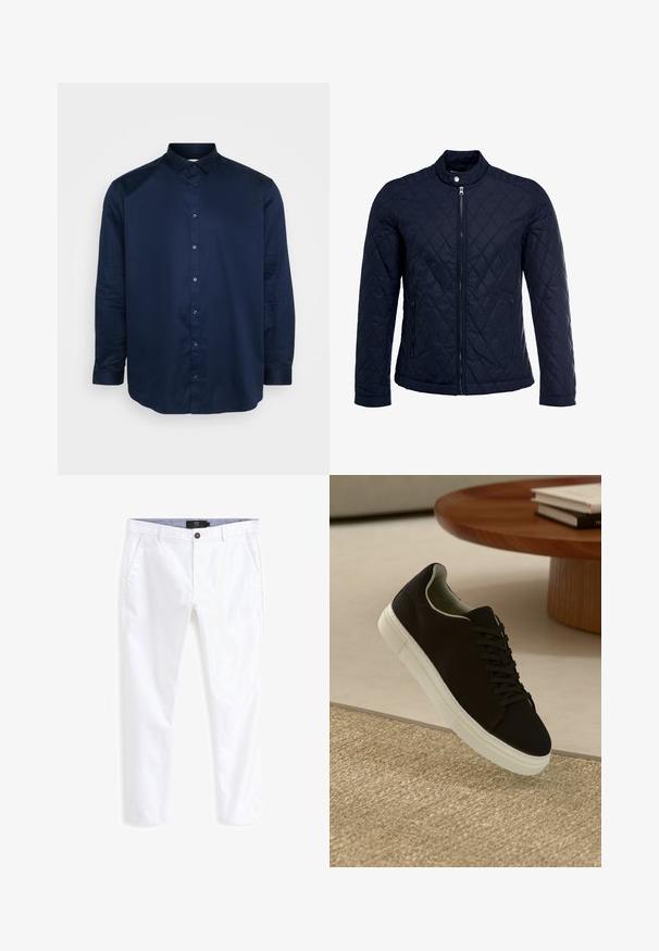 Granatowa pikowana kurtka z stojącym kołnierzem, pełnym zamkiem błyskawicznym i dwoma bocznymi kieszeniami. Materiał ma gładką teksturę z diamentowym wzorem.; Granatowa koszula zapinana na guziki, wykonana z gładkiego materiału, z klasycznym kołnierzykiem, długimi rękawami i przednim zapięciem na guziki w pasujących kolorach.; Białe bawełniane chinosy o prostym kroju nogawki, z dwoma przednimi kieszeniami, zapięciem na guzik oraz kontrastującym detalem w wewnętrznej części pasa.; Czarny sneaker z białą podeszwą unoszący się nad beżowym, teksturowanym dywanem w pobliżu okrągłego drewnianego stołu z poukładanymi książkami.