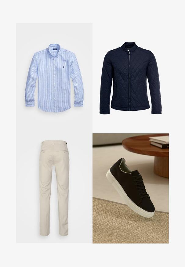 Mornarsko podloženo jakno z dvignjenim ovratnikom, polnim zadrgo in dvema stranskima žepoma. Material ima gladko teksturo s diamantnimi vzorci.; Modra in bela prugasta srajca z dolgimi rokavi iz bombaža, s kragnico na gumb, sprednjimi gumbi in majhnim izvezenim logotipom na prsih.; Bež hlače z gladko teksturo, ravnega kroja, dvema zadnjima žepoma z gumbi in standardnim pasom.; Črni športni copat z belim podplatom lebdi nad bež teksturiranim preprogam blizu okroglega lesenega mize z zloženimi knjigami.