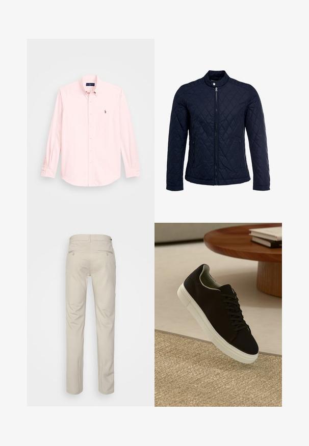 Granatowa pikowana kurtka z stojącym kołnierzem, pełnym zamkiem błyskawicznym i dwoma bocznymi kieszeniami. Materiał ma gładką teksturę z diamentowym wzorem.; Jasnoróżowa koszula z długim rękawem i kołnierzykiem zapinanym na guziki, z małym haftowanym logo na lewej piersi, wykonana z gładkiej bawełnianej tkaniny.; Beżowe spodnie o gładkiej fakturze, prostym kroju, z dwiema tylnymi kieszeniami z guzikami i standardowym pasem.; Czarny sneaker z białą podeszwą unoszący się nad beżowym, teksturowanym dywanem w pobliżu okrągłego drewnianego stołu z poukładanymi książkami.