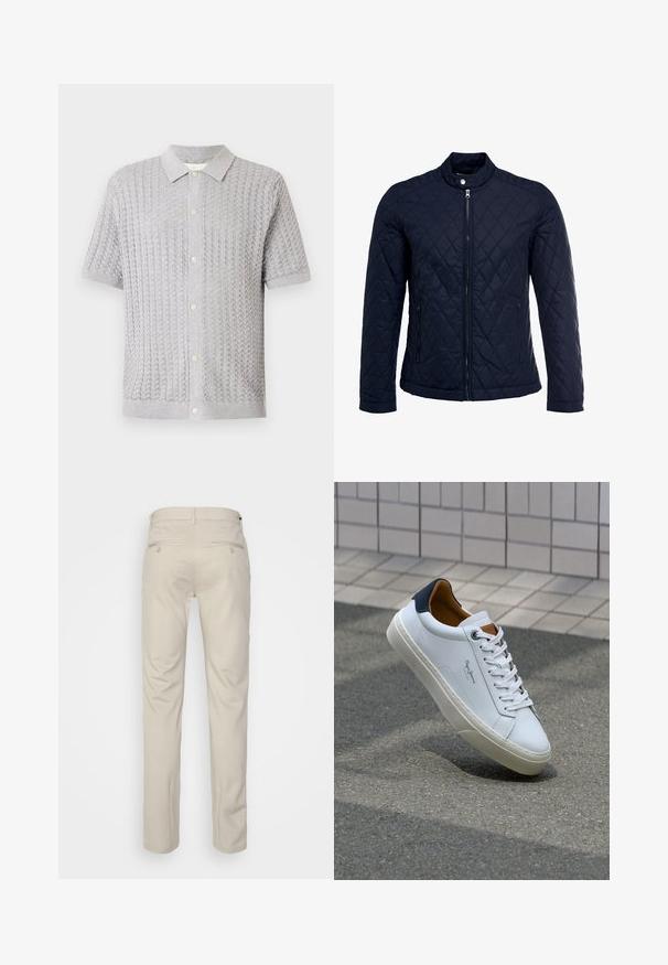 Mornarsko podloženo jakno z dvignjenim ovratnikom, polnim zadrgo in dvema stranskima žepoma. Material ima gladko teksturo s diamantnimi vzorci.; Siva pletena polo majica s kratkimi rokavi z teksturno vzorcem, pet gumbov spredaj in mehkim ovratnikom.; Bež hlače z gladko teksturo, ravnega kroja, dvema zadnjima žepoma z gumbi in standardnim pasom.; Beli usnjeni čevelj s plavo peto, okrogelimi prsti in kontrastnimi rjavimi detajli. Ima ravne vezalke in teksturiran gumijast podplat.