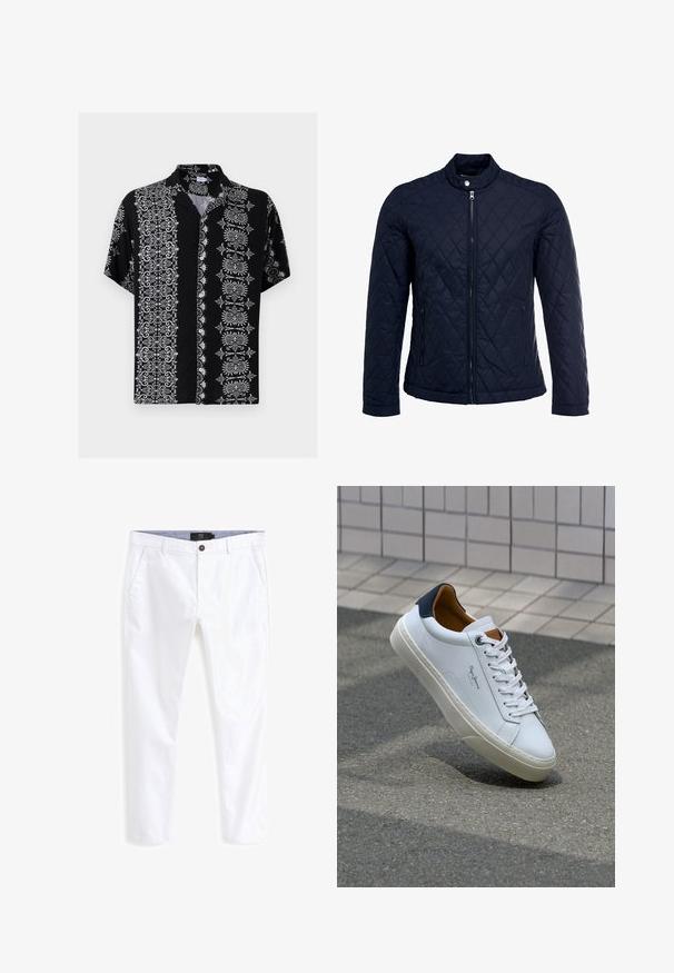 Marineblå quiltet jakke med ståkrave, fuld lynlås foran og to sidelommer. Materialet har en glat tekstur med diamantmønstre.; Kortærmet skjorte med knapper i sort stof, med indviklede hvide blomster- og dekorative mønstre på begge sider og en krave.; Hvide bomulds chinos med et lige ben design, der har to frontlommer, lukning med knap og en kontrasterende indre talje-detail.; Hvide lædersneakers med en marineblå hæl, rund tå og kontrasterende brune detaljer. Har flade snørebånd og en tekstureret gummisål.