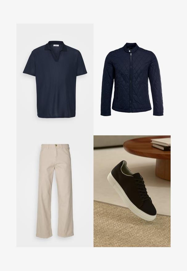 Chaqueta acolchada de color navy que cuenta con un cuello alzado, cierre frontal completo y dos bolsillos laterales. El material tiene una textura suave con patrones en forma de rombo.; Camisa polo azul marino de tela texturada y acanalada, con diseño de cuello en V y manga corta. El cuello clásico realza el estilo.; Pantalones de algodón beige de pierna ancha con cinco bolsillos, cierre de botón y trabillas para cinturón; textura suave con corte y dobladillo recto.; Zapatilla negra con suela blanca flotando sobre una alfombra texturizada beige cerca de una mesa redonda de madera con libros apilados.