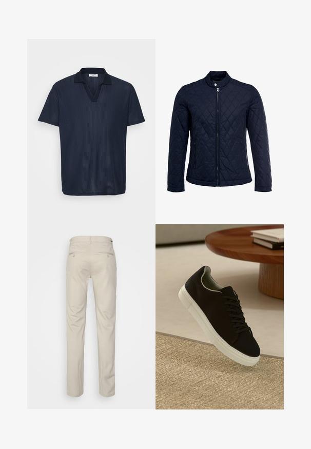 Tumesinine tikitud jakk, millel on püstine krae, täispikk tõmblukk ja kaks küljetaskut. Materjal on sileda tekstuuriga ja kaunistatud rombikujuliste mustritega.; Tumedane sinine polo särk tekstuurse, soonilise kangaga, millel on V-kaeluse disain ja lühikesed varrukad. Klassikaline krae lisab stiilile aktsenti.; Bež püksid siledas tekstuuris, sirge lõikega, kahe nööpidega tagataskuga ja tavalise vöökohaga.; Mustad musta tossuga valge tallaga, mis hõljub beeži tekstuuriga vaiba kohal, ümaral puidust laual, mille peal on kokku virnastatud raamatud.