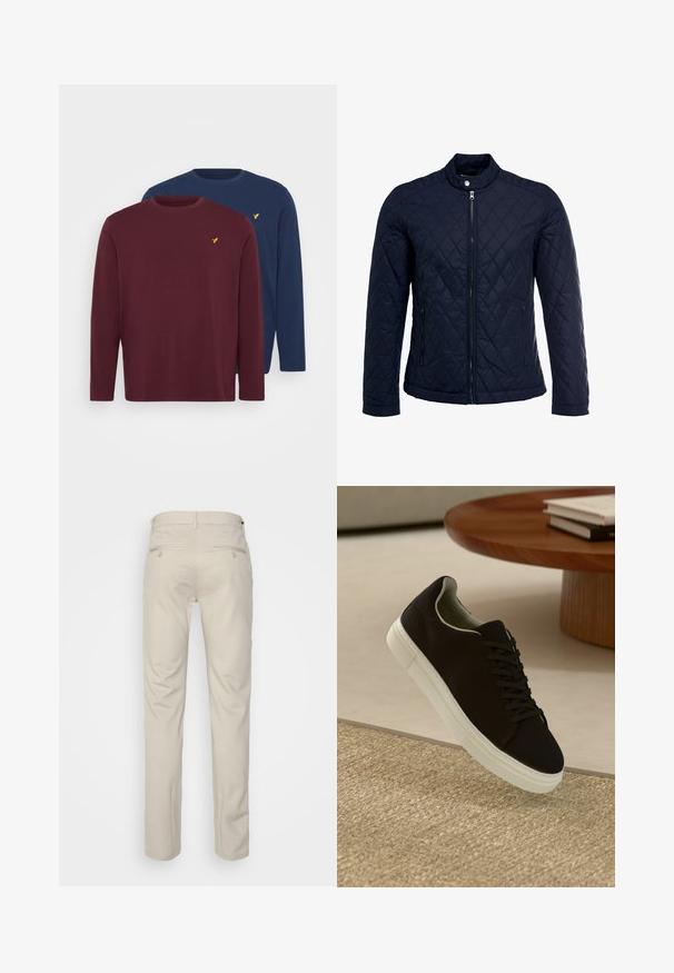 Marinefarbenes wattiertes Jackett mit Stehkragen, durchgehendem Reißverschluss und zwei seitlichen Taschen. Das Material hat eine glatte Textur mit Rautenmuster.; Pier One 2 PACK - Langarmshirt - bordeaux/dark blue; Beige Hosen mit glatter Textur, geradem Schnitt, zwei Gesäßtaschen mit Knöpfen und einem normalen Bund.; Schwarze Sneakers mit weißer Sohle, die über einem beige strukturierten Teppich schweben, in der Nähe eines runden Holztisches mit gestapelten Büchern.