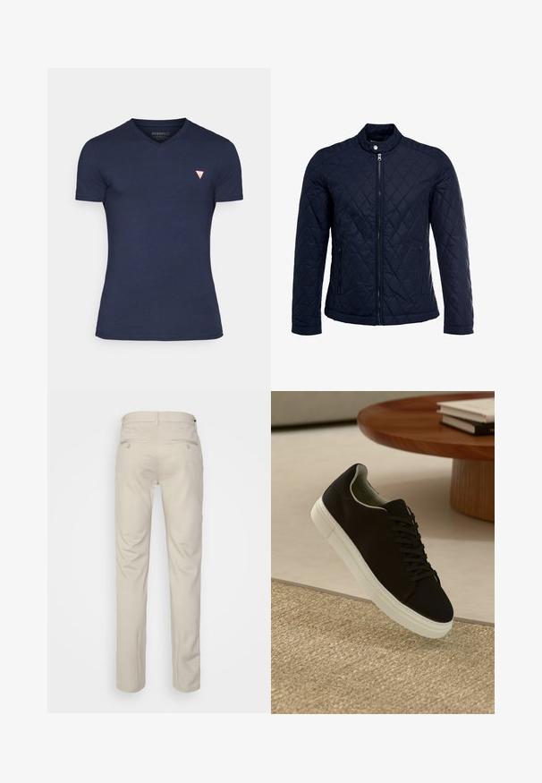Námorníkovo prešívané sako s vysokým golierom, plným predným zipsom a dvoma bočnými vreckami. Materiál má hladkú textúru s diamantom vzorom.; Námornícky modré tričko s krátkym rukávom a výstrihom do V vyrobené z jemnej bavlny. Má malé červené trojuholníkové logo na ľavej strane hrudníka. Hladká textúra.; Béžové nohavice s hladkou textúrou, rovný strih, dve zadné vrecká s gombíkmi a štandardný pás.; Čierna teniska s bielou podrážkou plávajúca nad béžovým textúrovaným kobercom pri okrúhlom drevenom stole s hromadou kníh.