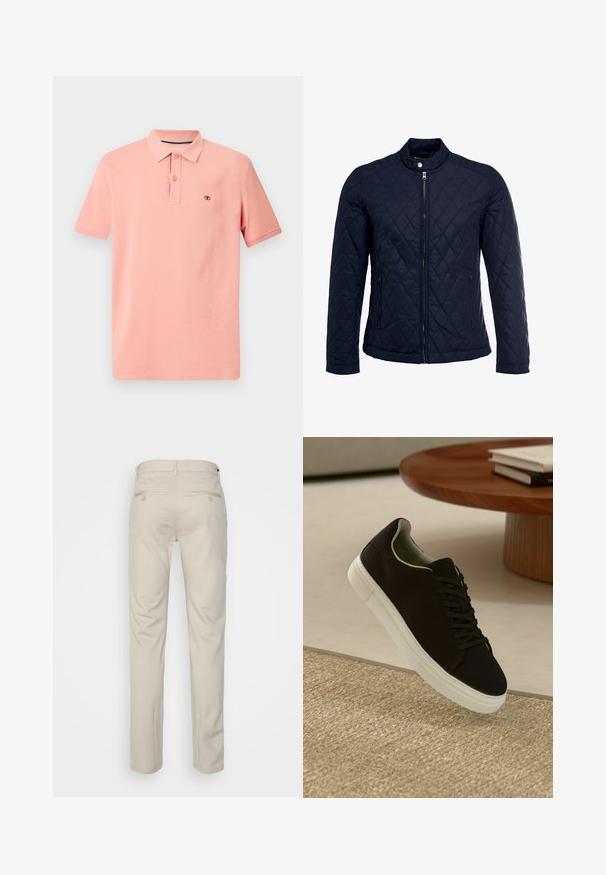 Tumesinine tikitud jakk, millel on püstine krae, täispikk tõmblukk ja kaks küljetaskut. Materjal on sileda tekstuuriga ja kaunistatud rombikujuliste mustritega.; Kerge korallvärvi polo särk, puuvillane materjal, lühikesed varrukad, kolme nupuga ketš, rinna kohal märkamatult brodüüritud logo, sile tekstuur.; Bež püksid siledas tekstuuris, sirge lõikega, kahe nööpidega tagataskuga ja tavalise vöökohaga.; Mustad musta tossuga valge tallaga, mis hõljub beeži tekstuuriga vaiba kohal, ümaral puidust laual, mille peal on kokku virnastatud raamatud.