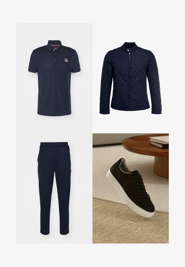 Merihenkinen tikattu takki, jossa on noususauma, täysin edessä vetoketju ja kaksi sivutaskua. Materiaali on sileäpintainen ja siinä on timanttikuvioita.; Paita polo tummansinisestä hengittävästä kankaasta, jossa on kauluspääntie, kolme nappia ja valkoiset korostusvarret. Rinnassa on pieni logo.; Navy urheiluhousut, joissa on joustava vyötärö, sivutaskut ja vetoketjulliset lahkeet. Valmistettu sileästä, venyvästä kankaasta.; Musta lenkkari, jossa on valkoinen pohja, kelluu vaaleanbeige texturoituneen maton yllä pyöreän puupöydän vieressä, jonka päällä on pinottu kirjoja.