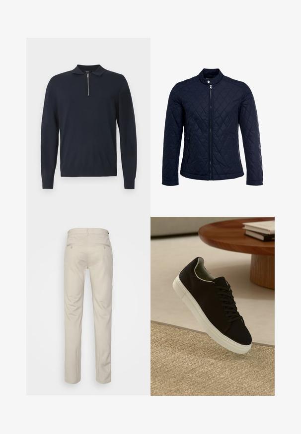 Tengerész kék steppelt dzseki, állógallérral, teljes előlapi cipzárral és két oldalsó zsebbel. Az anyag sima textúrájú, gyémánt mintázattal.; Tengerészsötét pulóver, kötött anyagból készült, gallérján cipzárral, hosszú ujjakkal és testhez simuló aljjal. Egyszerű, egyszínű kialakítás.; Beige nadrág sima felülettel, egyenes szabással, két gombos hátsó zsebbel és normál derékrésszel.; Fekete sneakers fehér talppal lebeg egy bézs textúrájú szőnyeg felett, egy kerek fából készült asztal közelében, rajta egymásra pakolt könyvekkel.