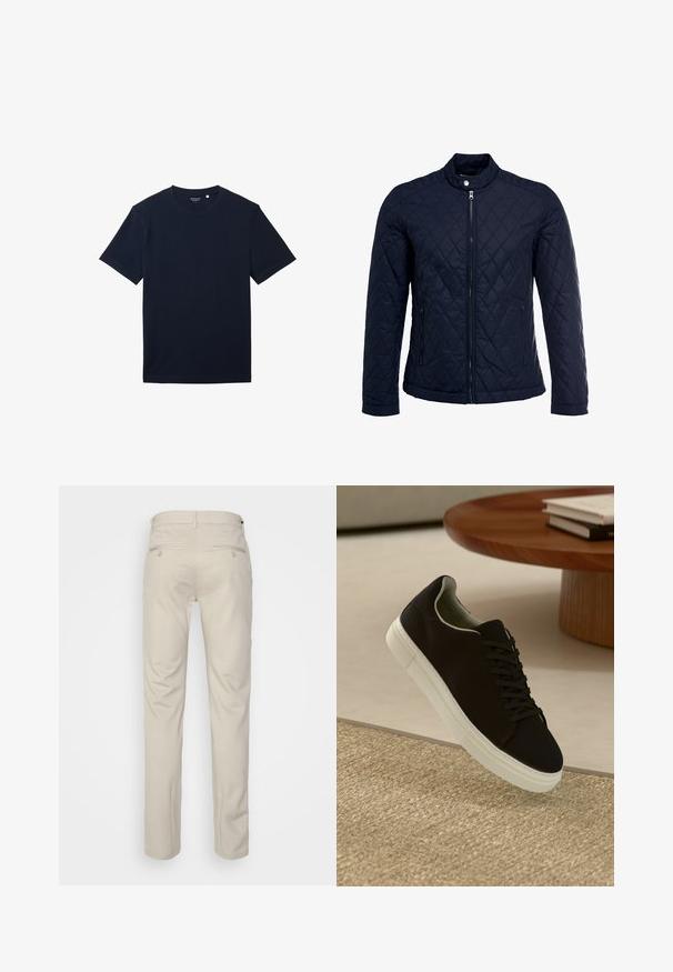 Jachetă matlasată de culoare bleumarin, cu guler în picioare, fermoar pe întreaga lungime și două buzunare laterale. Materialul are o textură netedă, cu modele în diamant.; Tricou din bumbac bleumarin cu mâneci scurte, gât clasic de tip crew și o textura netedă. Design simplu, fără modele sau accente vizibile.; Pantaloni bej cu o textură netedă, croială dreaptă, două buzunare laterale cu nasturi și un brâu standard.; Pantof din material textil negru, cu talpă albă, plutind deasupra unui covor texturat bej, lângă o masă rotundă din lemn cu cărți stivuite.