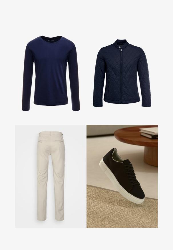 Tumesinine tikitud jakk, millel on püstine krae, täispikk tõmblukk ja kaks küljetaskut. Materjal on sileda tekstuuriga ja kaunistatud rombikujuliste mustritega.; Tumesinise pikkade varrukatega T-särk, mis on valmistatud pehmest puuvillast, klassikalise ümarad küljed ja sile tekstuur, ilma nähtavate mustrite või akendeta.; Bež püksid siledas tekstuuris, sirge lõikega, kahe nööpidega tagataskuga ja tavalise vöökohaga.; Mustad musta tossuga valge tallaga, mis hõljub beeži tekstuuriga vaiba kohal, ümaral puidust laual, mille peal on kokku virnastatud raamatud.