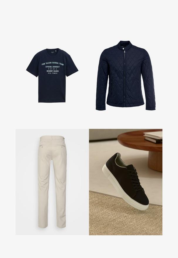 Námořnická prošívaná bunda s vysokým límcem, plným zipem a dvěma bočními kapsami. Materiál má hladkou texturu s diamantovým vzorem.; Námořnická modrá bavlněná trička s krátkým rukávem, kulatým výstřihem, s tištěným bílým textem a čísly na přední straně v ležérním designu.; Beige kalhoty se hladkým povrchem, rovný střih, dvě zadní kapsy s knoflíky a standardní pas.; Černé tenisky s bílou podrážkou plující nad béžovým texturovaným kobercem poblíž kulatého dřevěného stolu se stohovanými knihami.